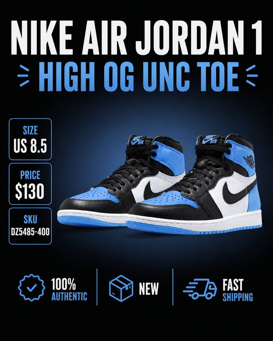 US 8.5 NIKE AIR JORDAN 1 HIGH OG UNC TOE
