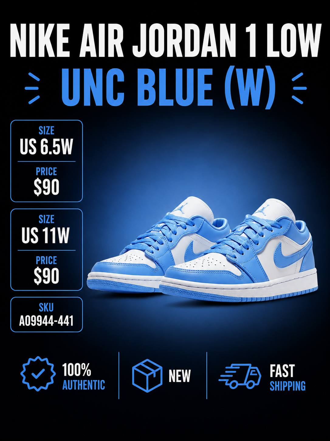 US 6.5W NIKE AIR JORDAN 1 LOW UNC BLUE (W)